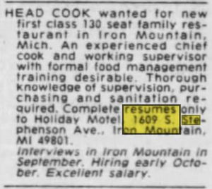 Holiday Motel (Econo Lodge Inn & Suites) - Sep 1991 Ad For Cook With Address
